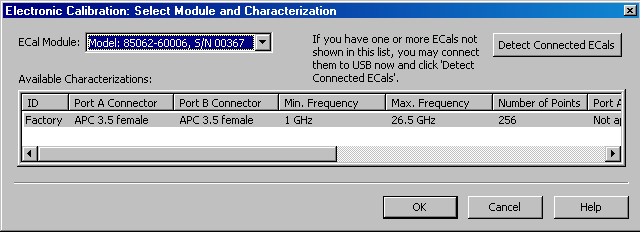 Screenshot of the VNA software detecting an ECal showing correct data