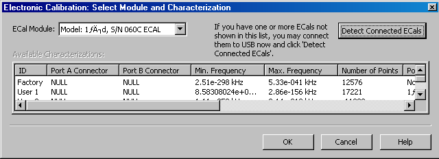 Screenshot of the VNA software detecting an ECal, but showing garbled data